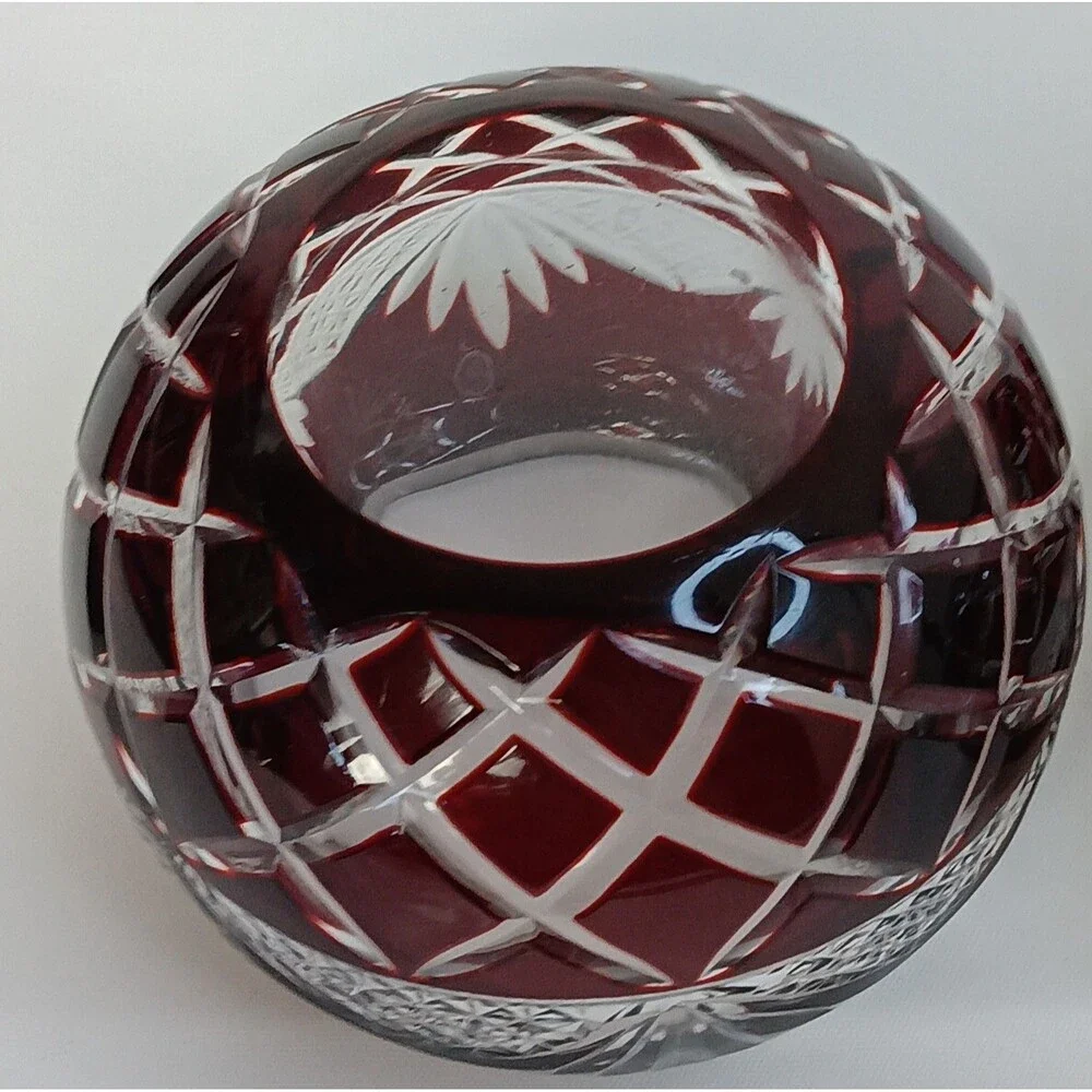 Crystal Ruby Red Cut To Clear Vase Bowl Candle Holder Cut Glass Bohemian READ